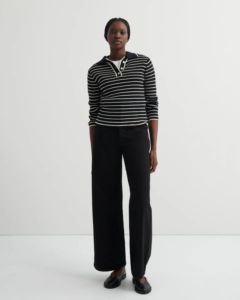 STRIPE POLO in Black Ecru Stripe by Kowtow