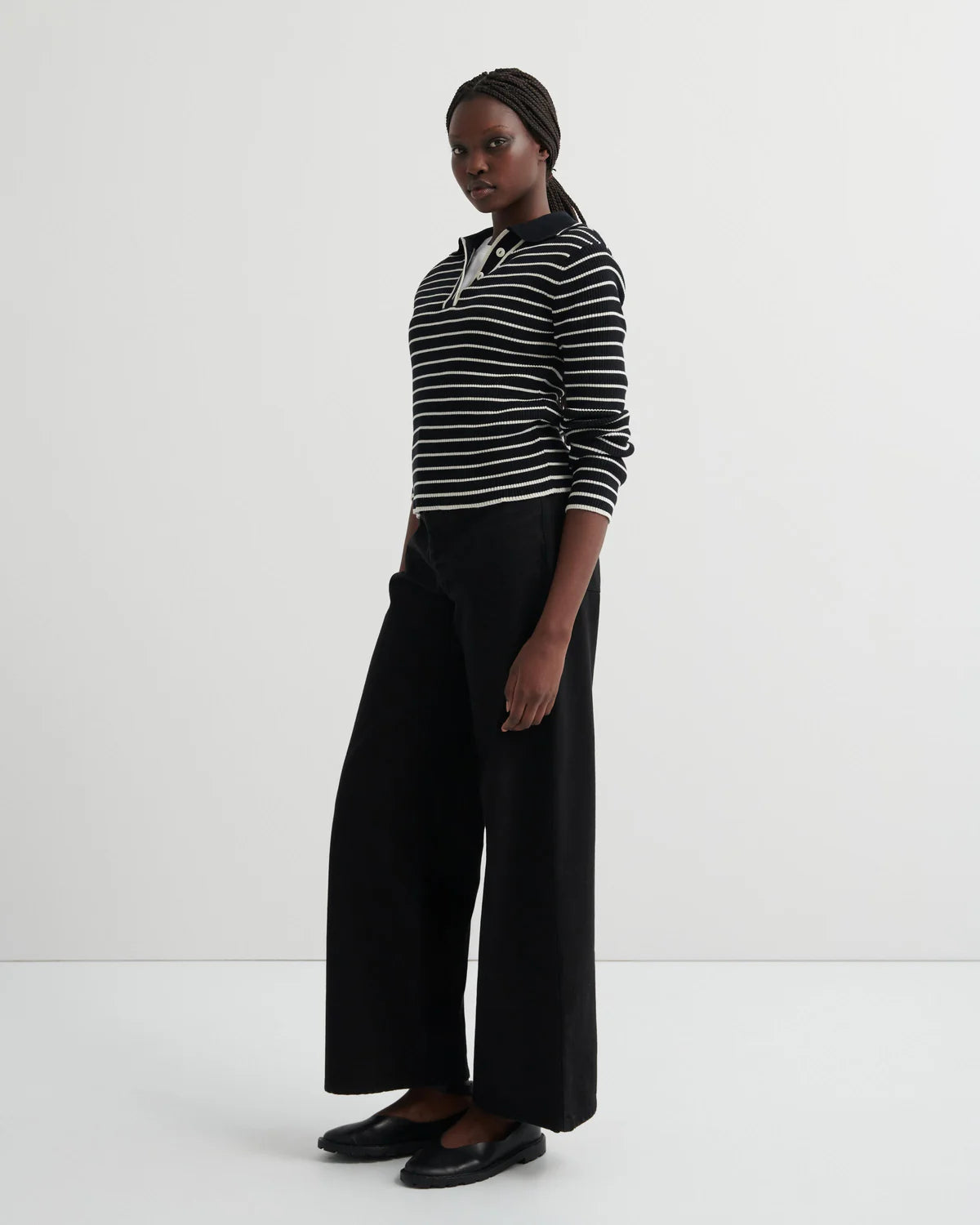 STRIPE POLO in Black Ecru Stripe by Kowtow