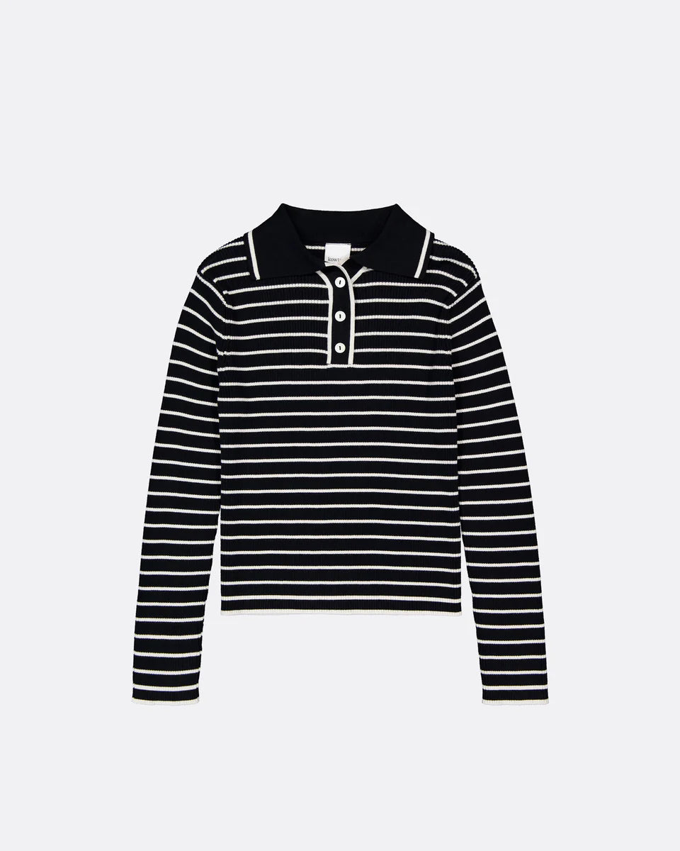 STRIPE POLO in Black Ecru Stripe by Kowtow