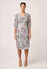 THEIA VISCOSE SCALLOP EMBROIDERED DRESS in Petinos Floros from Oncewas