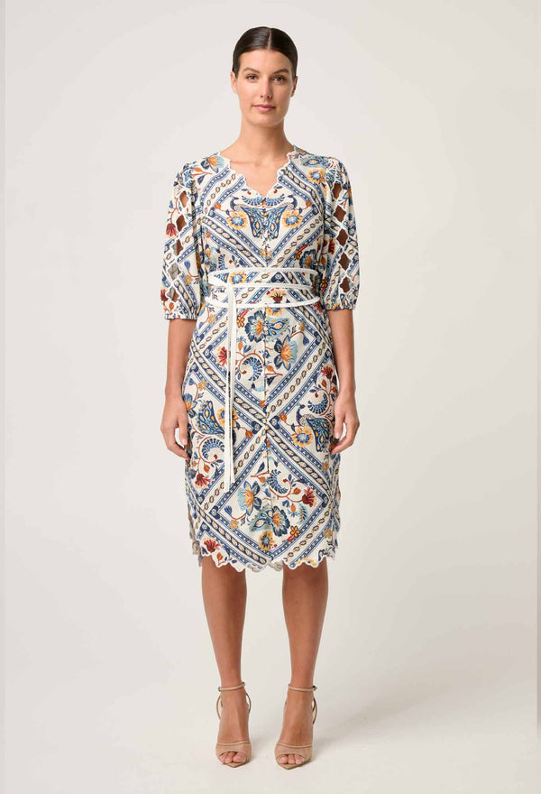 THEIA VISCOSE SCALLOP EMBROIDERED DRESS in Petinos Floros from Oncewas