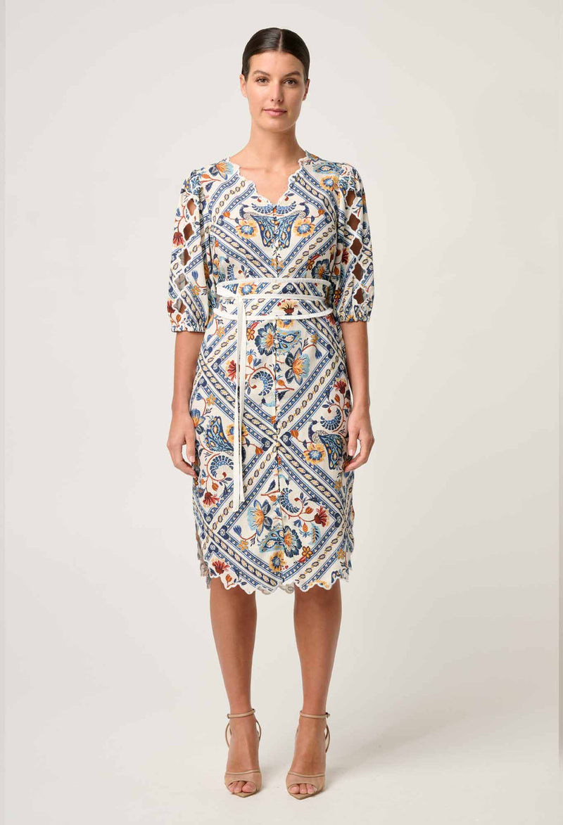 THEIA VISCOSE SCALLOP EMBROIDERED DRESS in Petinos Floros from Oncewas