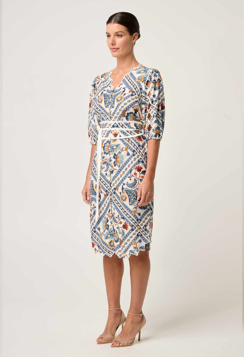 THEIA VISCOSE SCALLOP EMBROIDERED DRESS in Petinos Floros from Oncewas