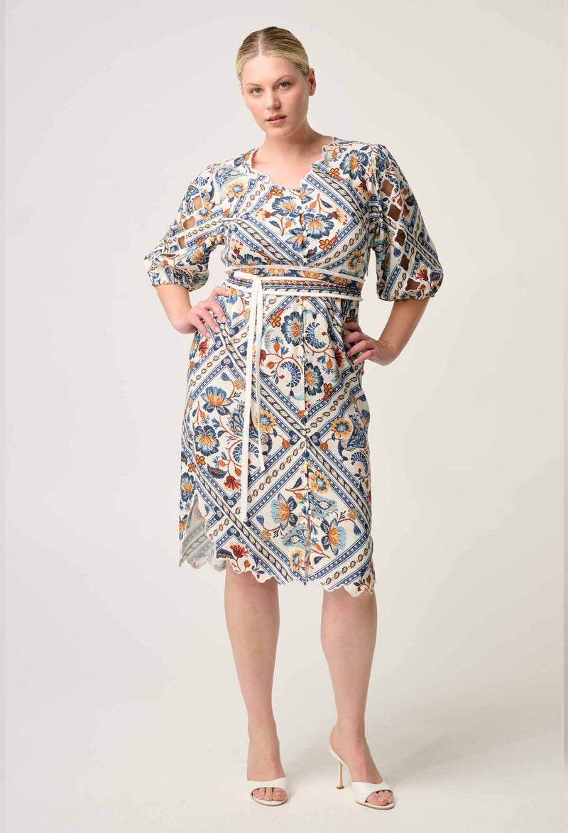 THEIA VISCOSE SCALLOP EMBROIDERED DRESS in Petinos Floros from Oncewas