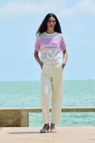 DROPPED SLEEVE STRIPED SWEATER in Pink + White by Sita Murt