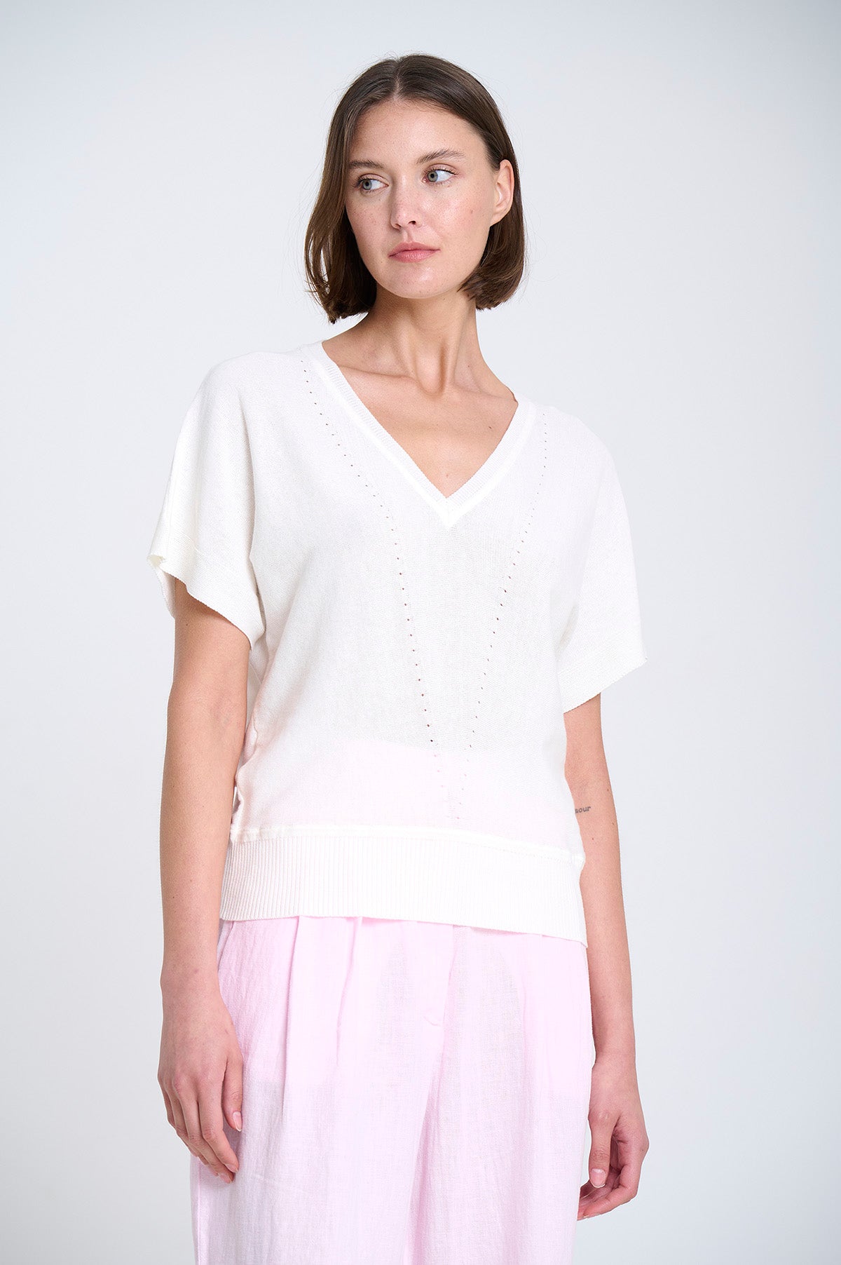 V NECK FINE KNIT SWEATER in Ecru by Sita Murt