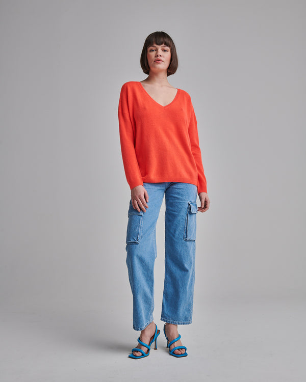 ANGELE V NECK KNIT in Corail Fluo from Absolute Cashmere