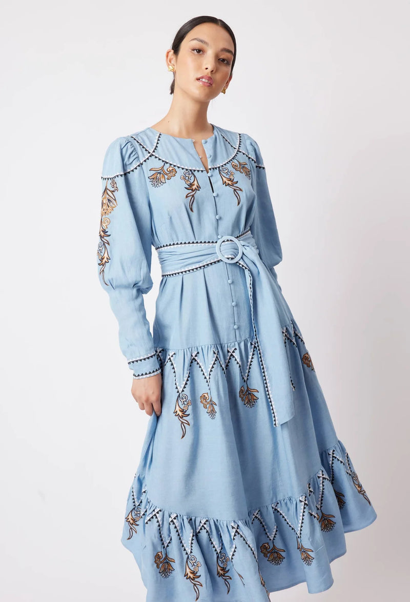 GETTY EMBROIDERED DRESS in Chambray from Oncewas