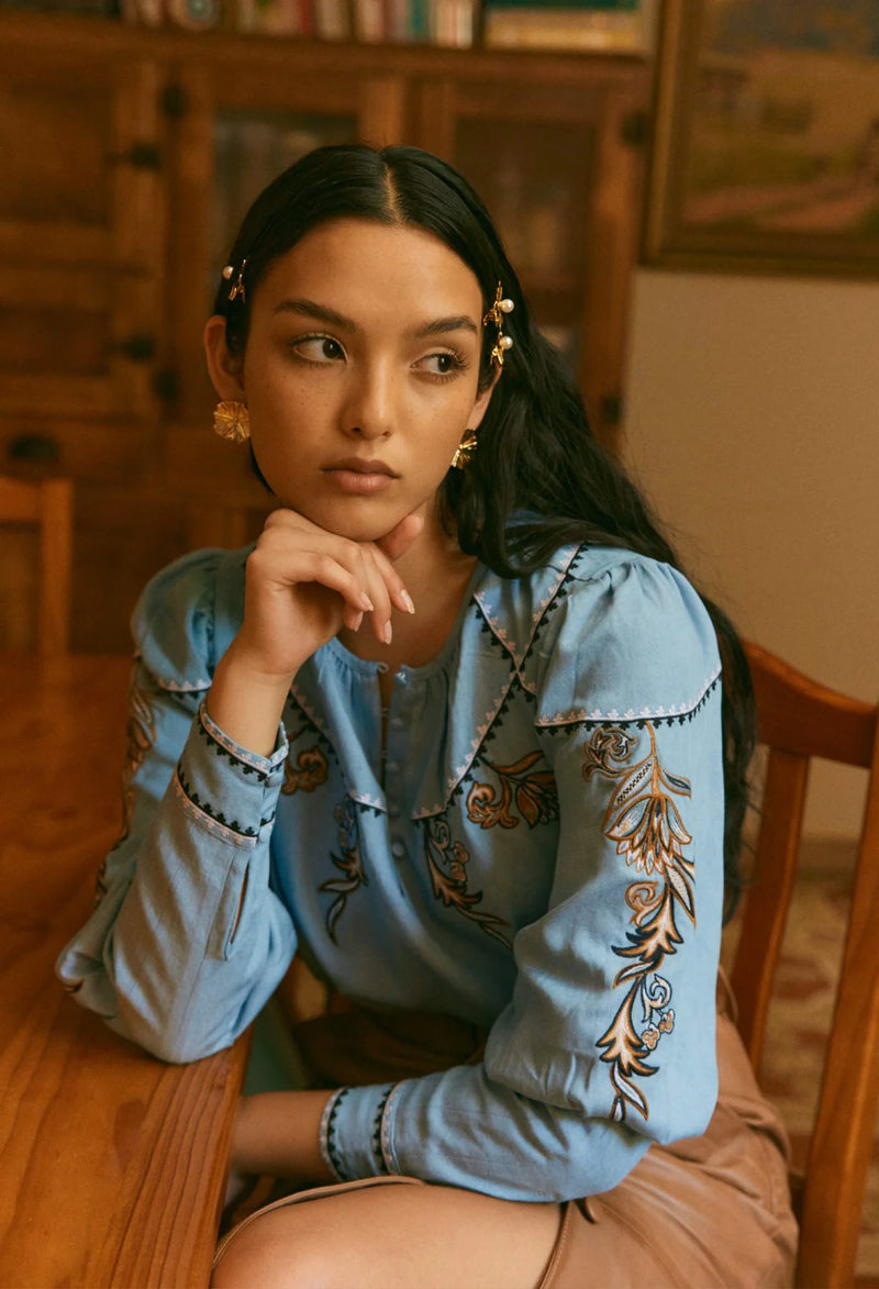 GETTY EMBROIDERED TOP in Chambray from Oncewas